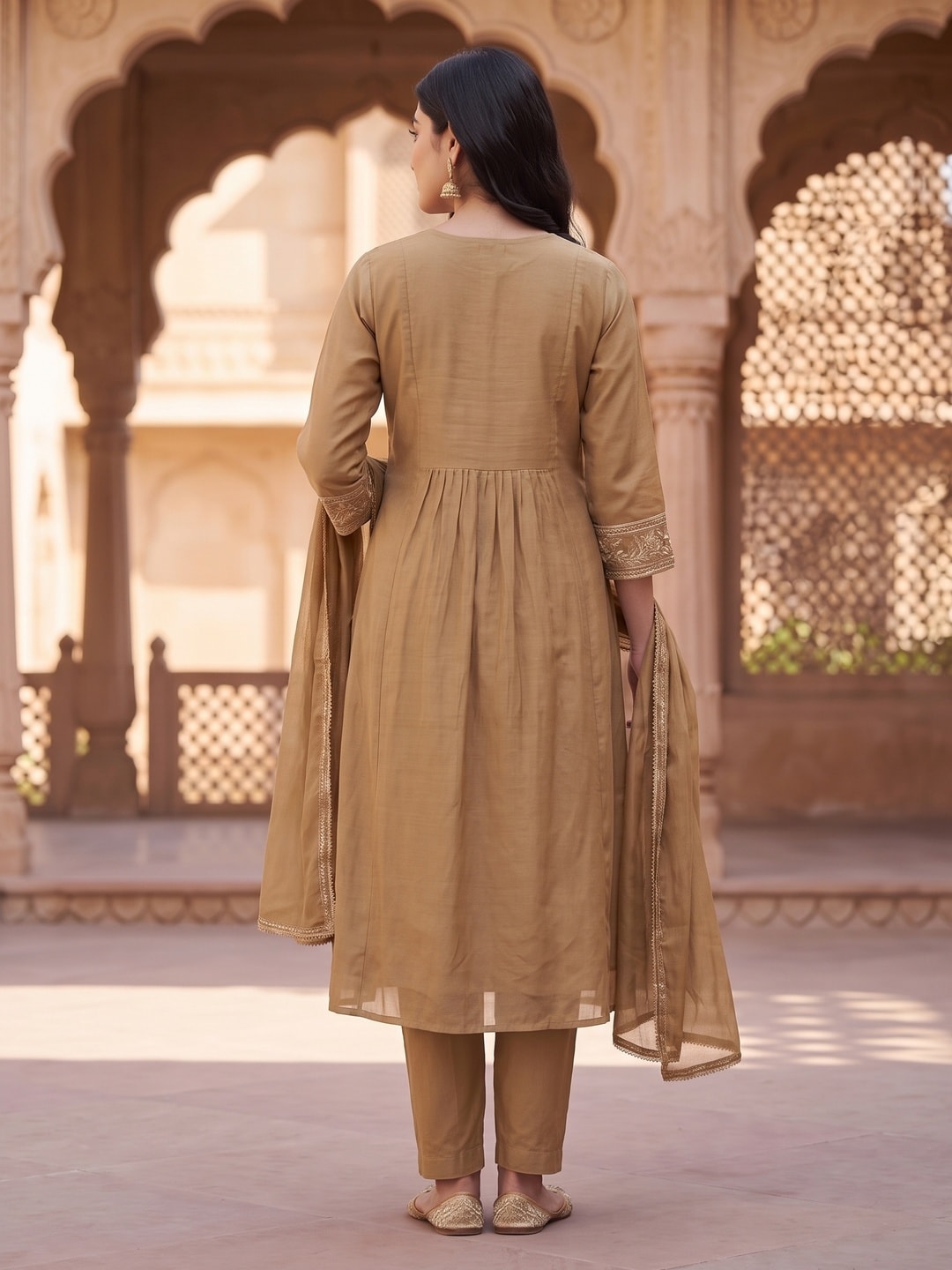 Peachmode Tan Chanderi Floral Embroidered Yoke Salwar Suit - Image 4