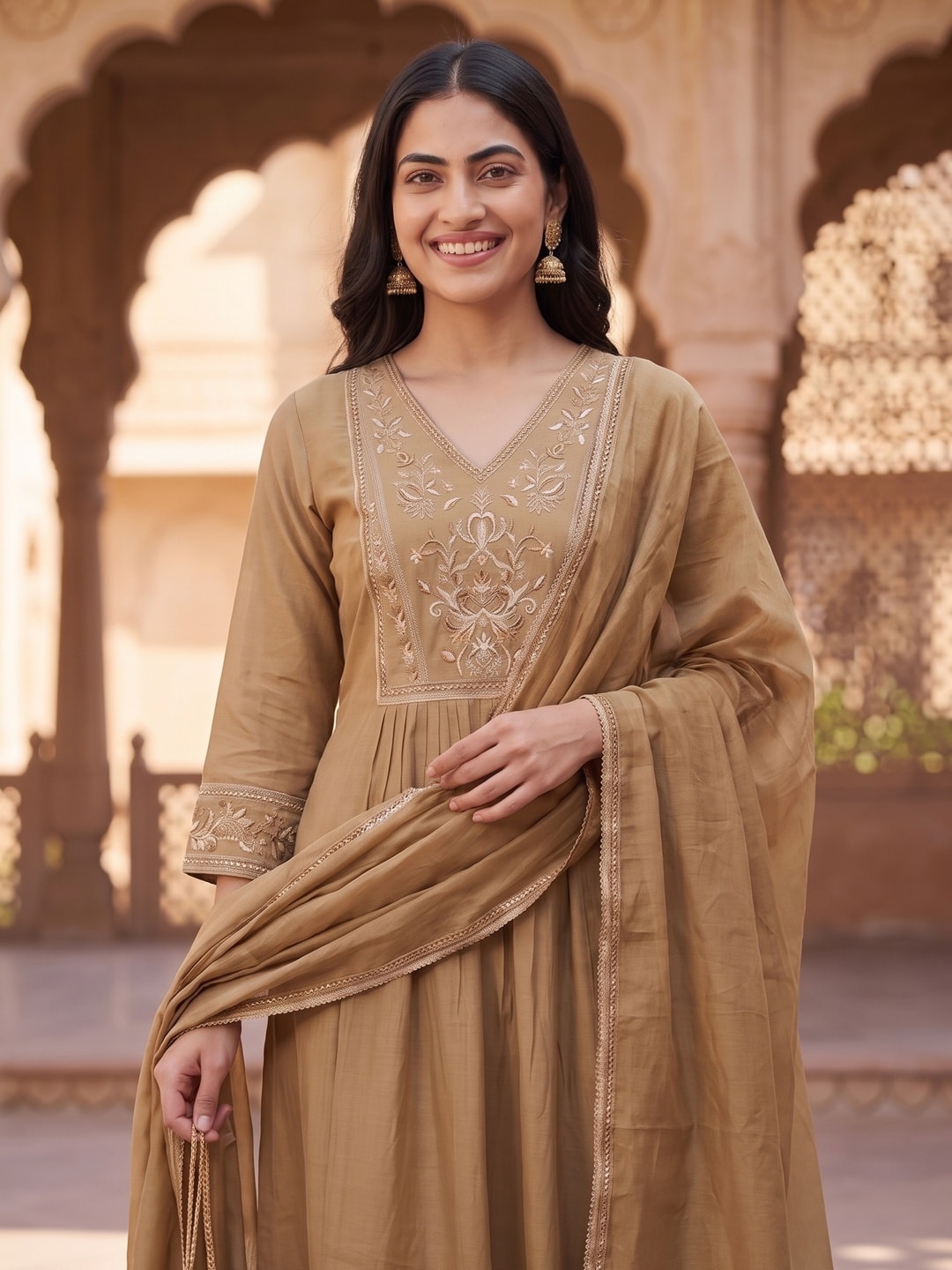 Peachmode Tan Chanderi Floral Embroidered Yoke Salwar Suit - Image 5