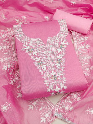 Peachmode Pink Thread Work Embroidered Chanderi Dress Material - Image 1