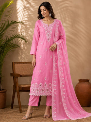 Peachmode Pink Thread Work Embroidered Chanderi Dress Material - Image 2