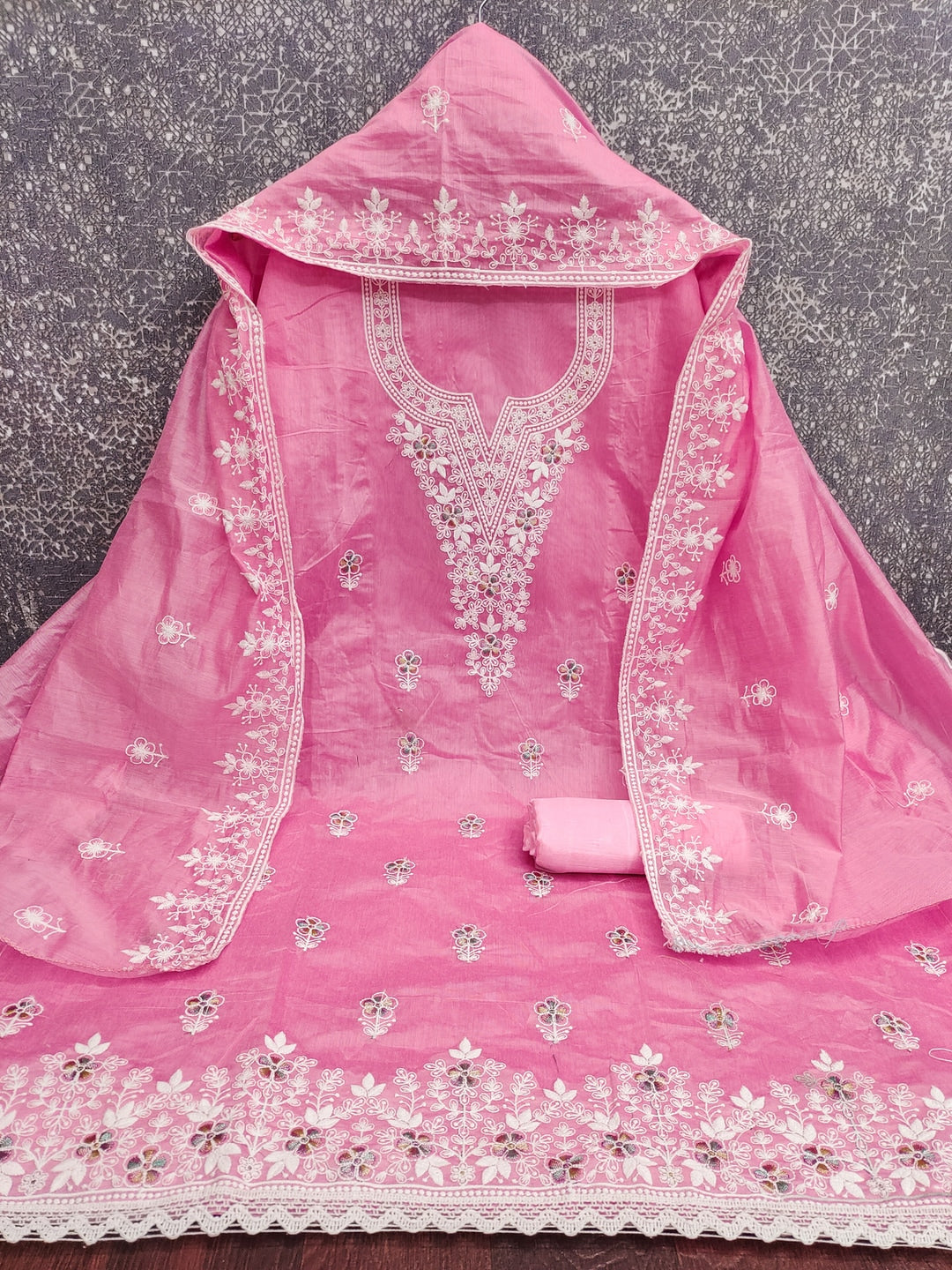 Peachmode Pink Thread Work Embroidered Chanderi Dress Material - Image 3