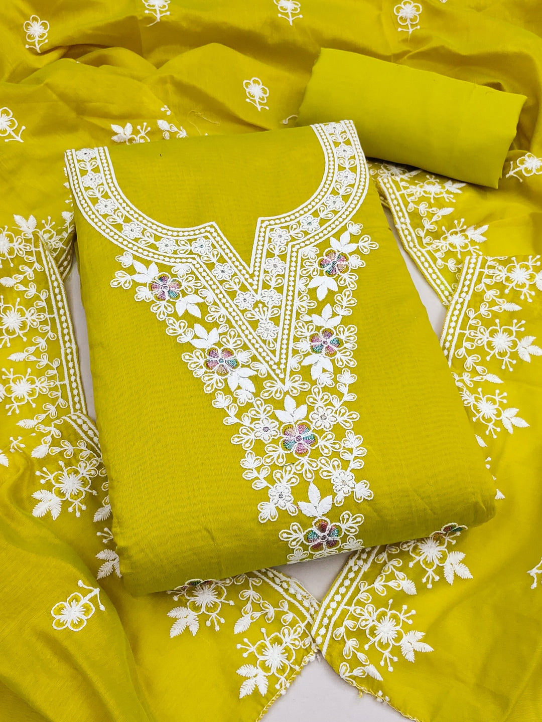 Peachmode Lime Green Thread Work Embroidered Chanderi Dress Material - Image 1