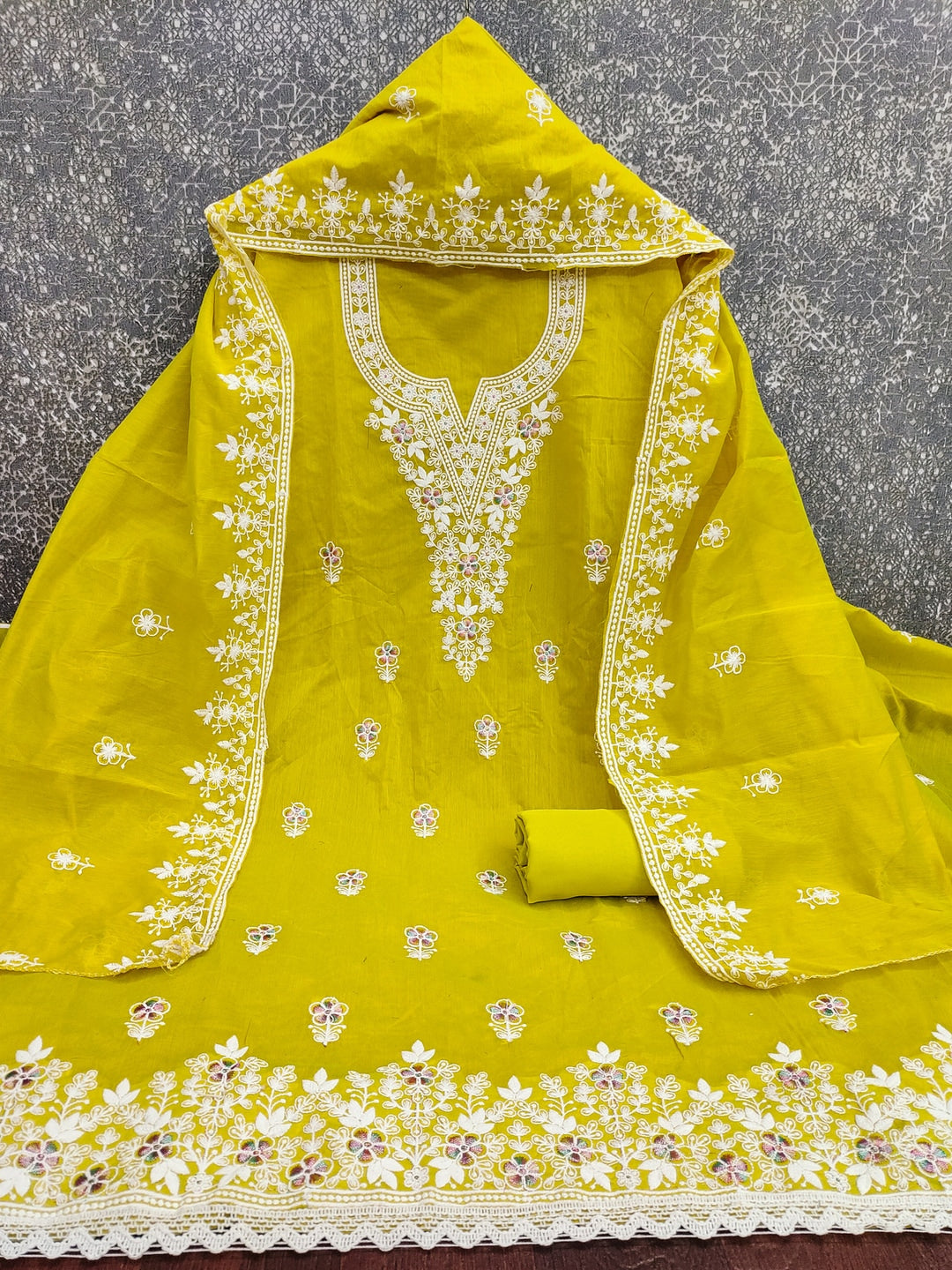 Peachmode Lime Green Thread Work Embroidered Chanderi Dress Material - Image 3