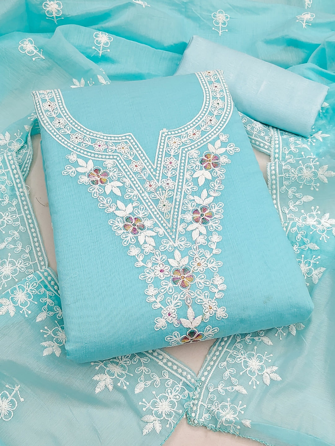 Peachmode Sky Blue Thread Work Embroidered Chanderi Dress Material - Image 1