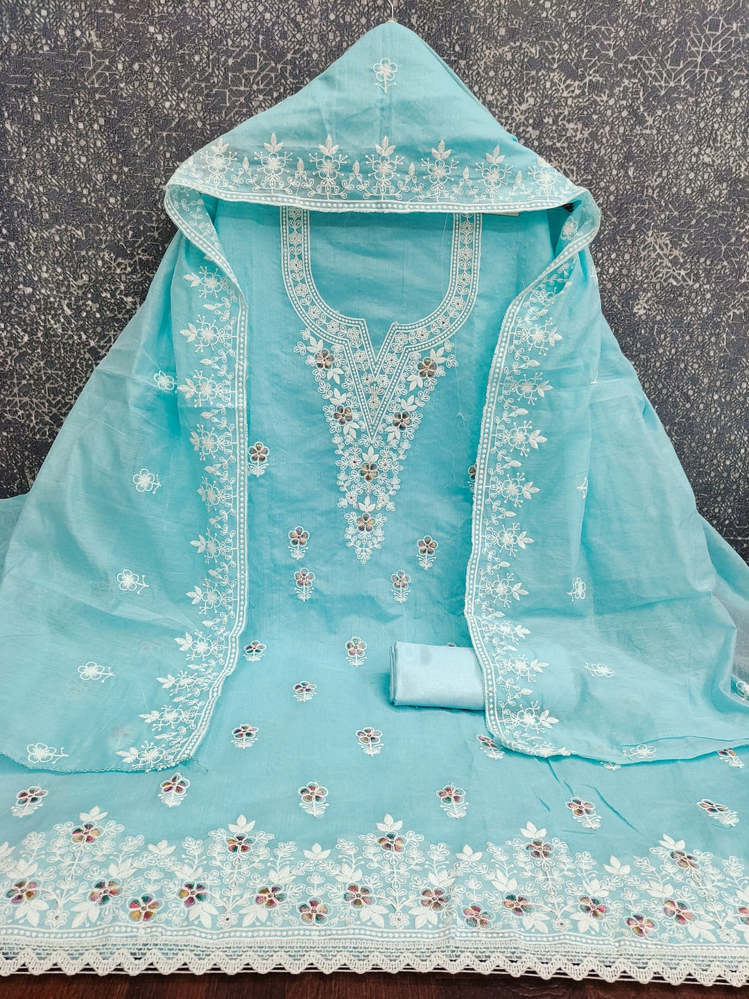Peachmode Sky Blue Thread Work Embroidered Chanderi Dress Material - Image 3