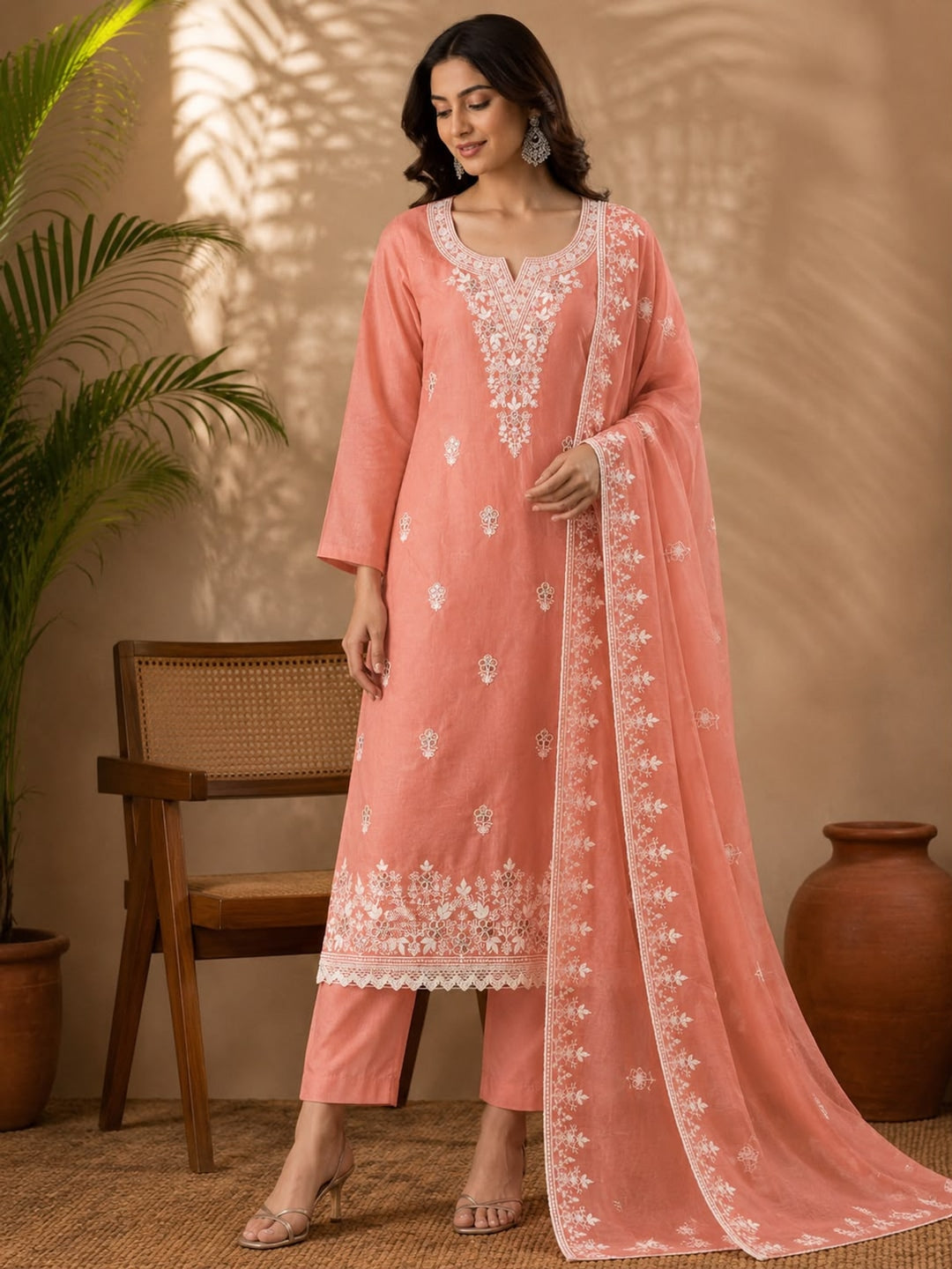 Peachmode Peach Thread Work Embroidered Chanderi Dress Material - Image 2