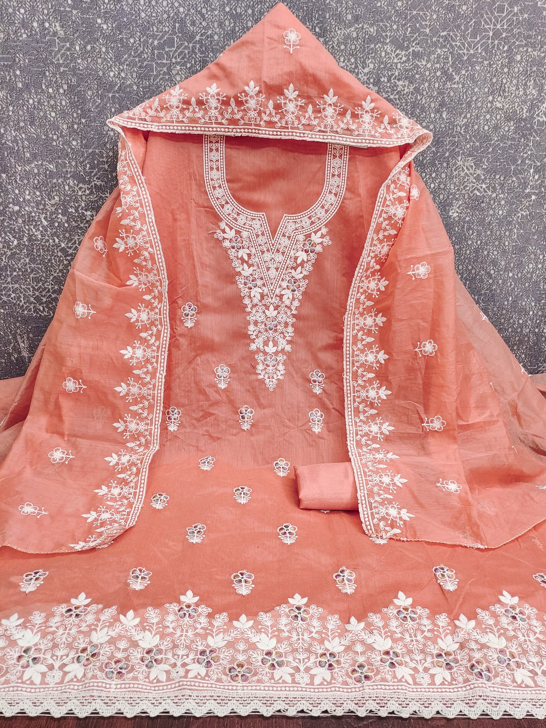 Peachmode Peach Thread Work Embroidered Chanderi Dress Material - Image 3
