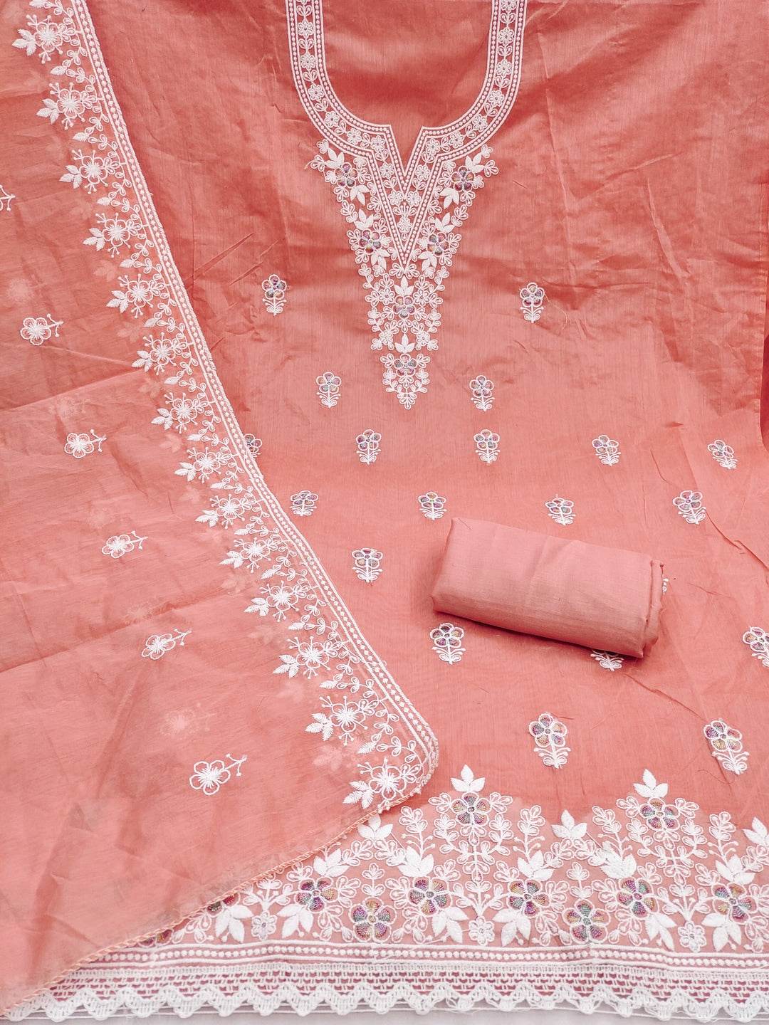 Peachmode Peach Thread Work Embroidered Chanderi Dress Material - Image 4