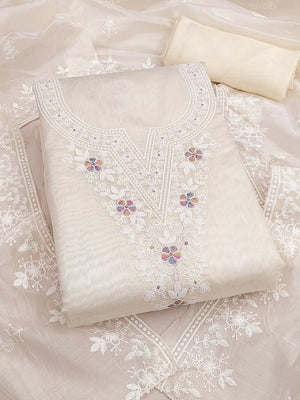 Peachmode Cream Thread Work Embroidered Chanderi Dress Material - Image 1