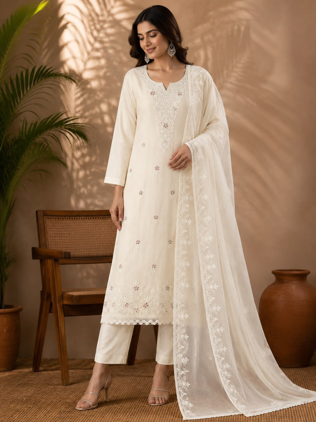 Peachmode Cream Thread Work Embroidered Chanderi Dress Material - Image 2