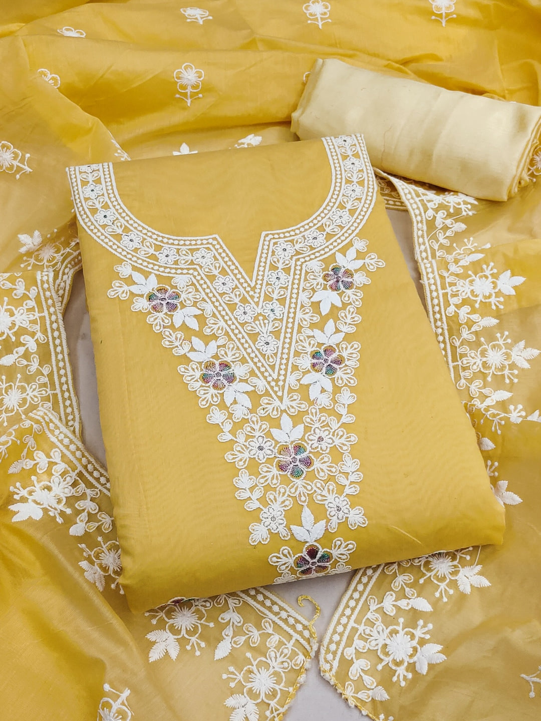 Peachmode Yellow Thread Work Embroidered Chanderi Dress Material - Image 1