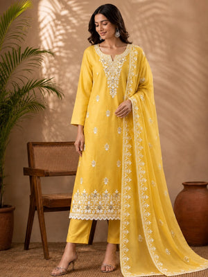 Peachmode Yellow Thread Work Embroidered Chanderi Dress Material - Image 2