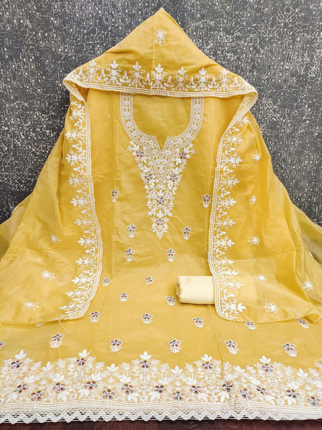 Peachmode Yellow Thread Work Embroidered Chanderi Dress Material - Image 3