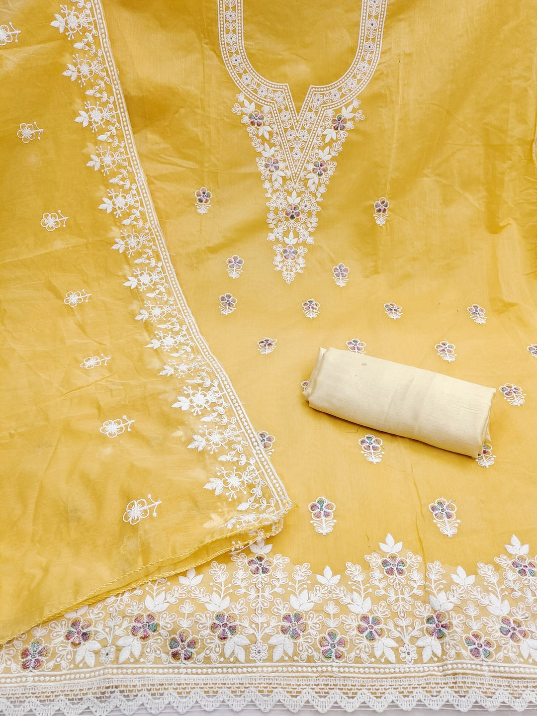 Peachmode Yellow Thread Work Embroidered Chanderi Dress Material - Image 4