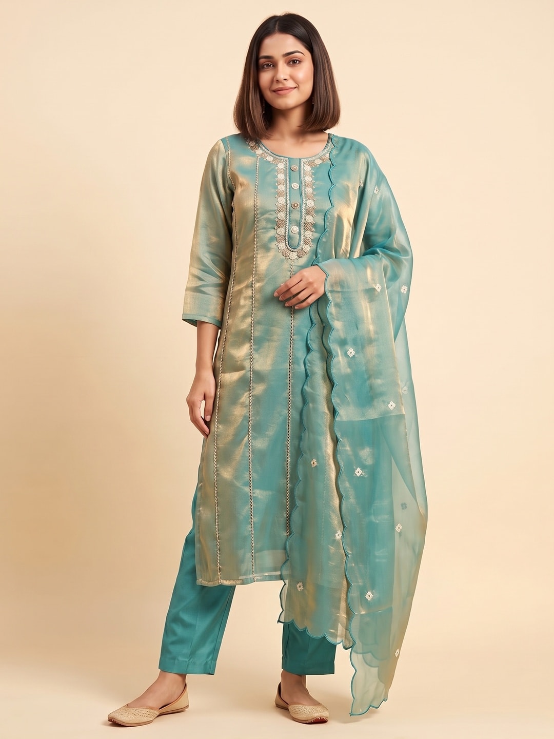 Peachmode Teal Silk Blend Tissue Salwar Suit With Embroidered Neckline - Image 1