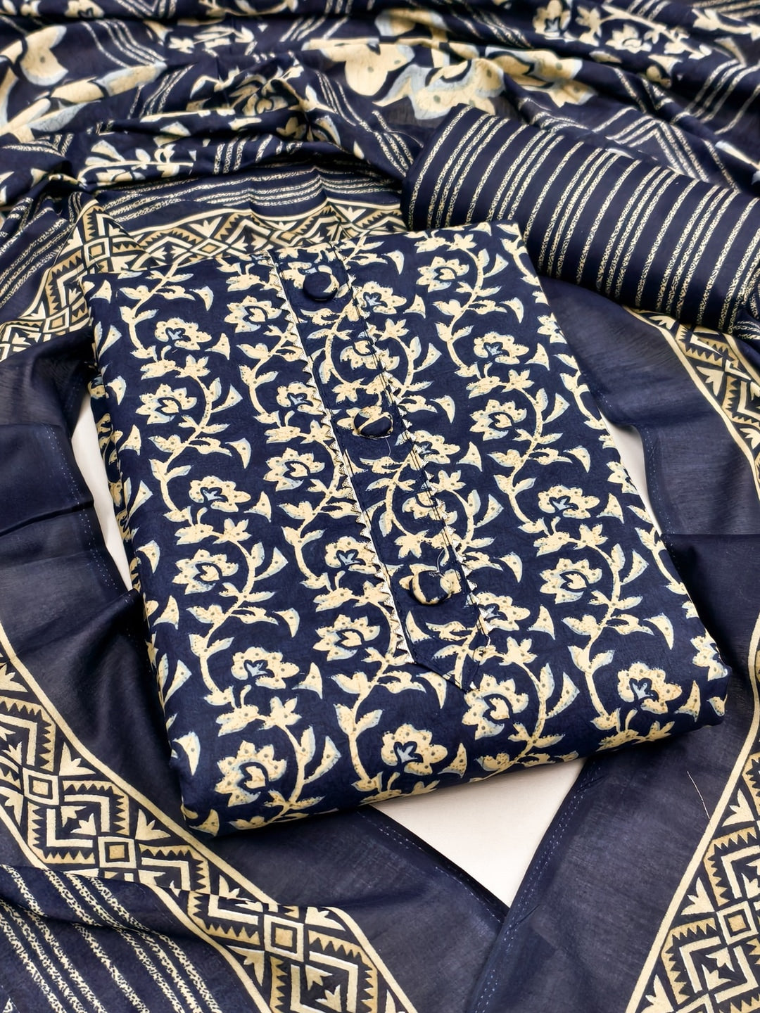 Peachmode Navy Blue Printed Cotton Blend Dress Material - Image 1