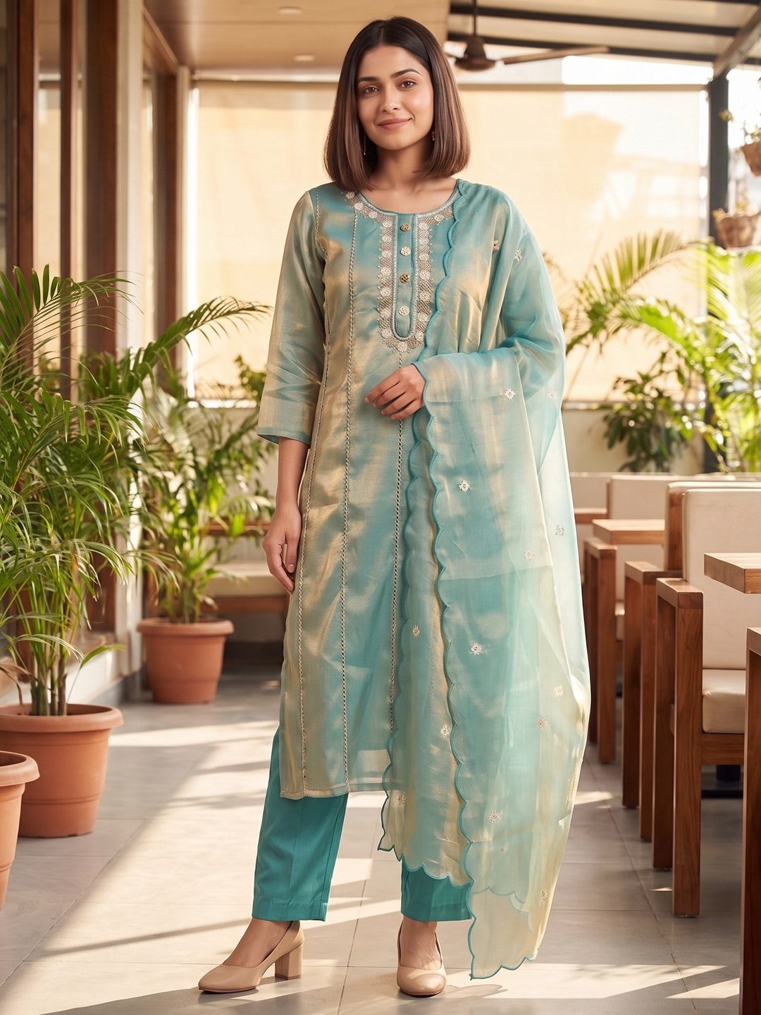 Peachmode Teal Silk Blend Tissue Salwar Suit With Embroidered Neckline - Image 2