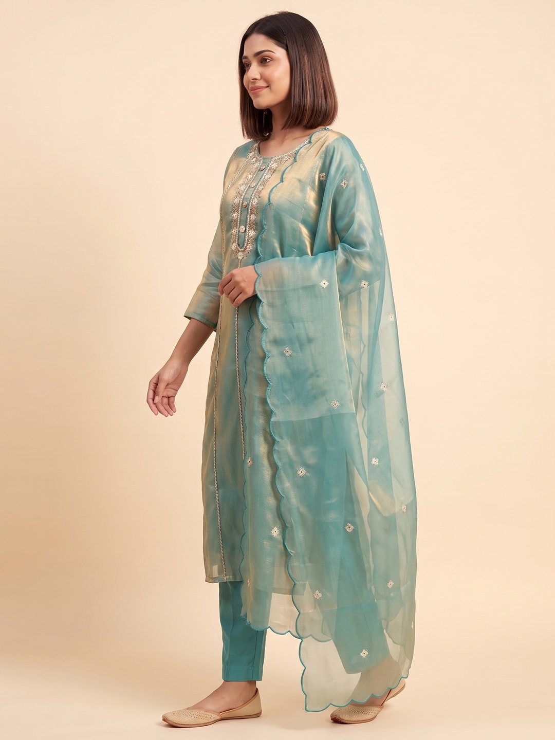 Peachmode Teal Silk Blend Tissue Salwar Suit With Embroidered Neckline - Image 3