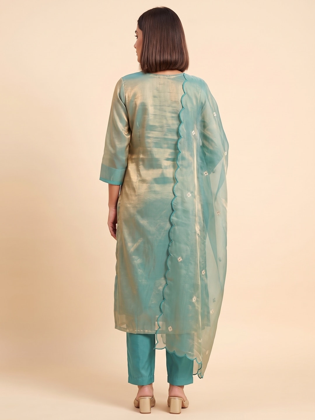 Peachmode Teal Silk Blend Tissue Salwar Suit With Embroidered Neckline - Image 4