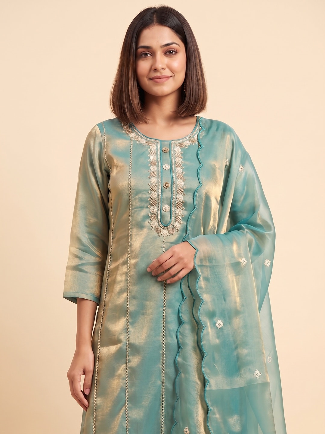 Peachmode Teal Silk Blend Tissue Salwar Suit With Embroidered Neckline - Image 5