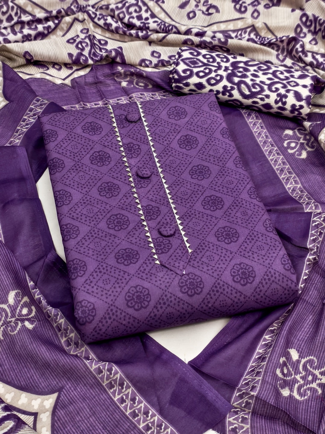 Peachmode Purple Printed Cotton Blend Dress Material - Image 1