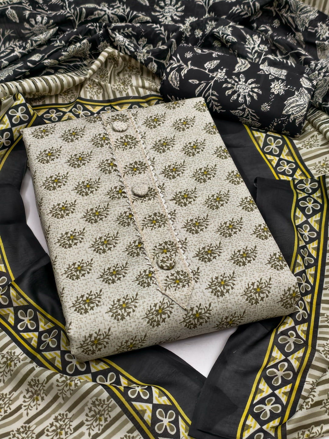 Peachmode Grey Printed Cotton Blend Dress Material - Image 1