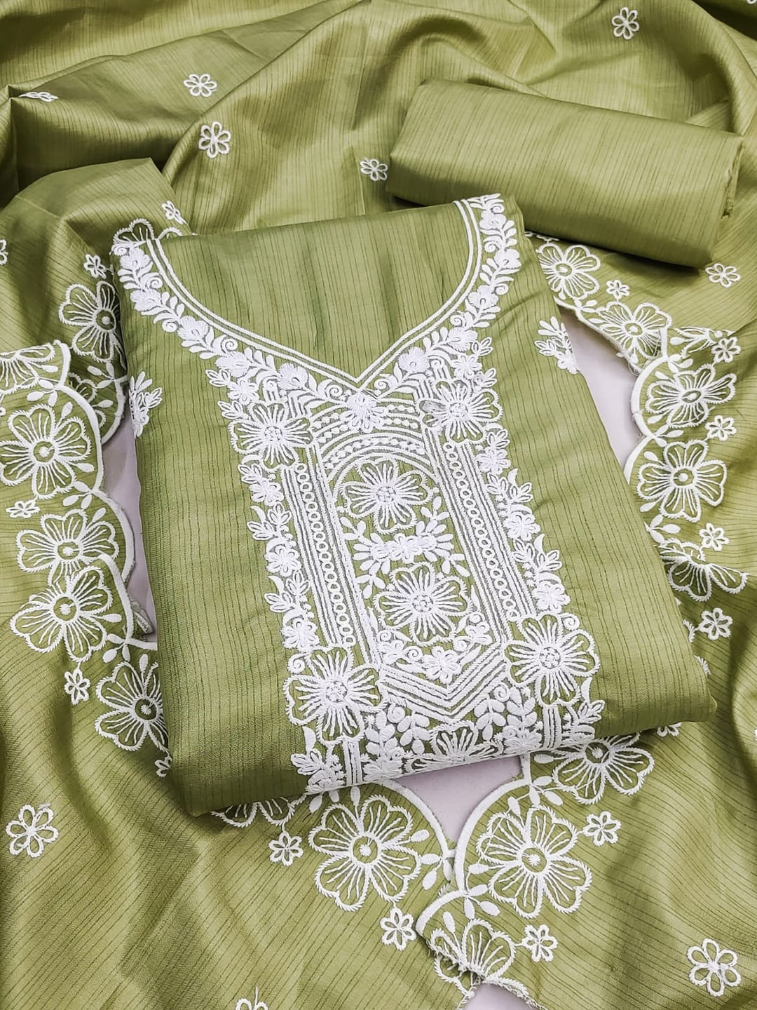 Peachmode Pista Green Chikankari Thread Work Jalpari Silk Dress Material - Image 1