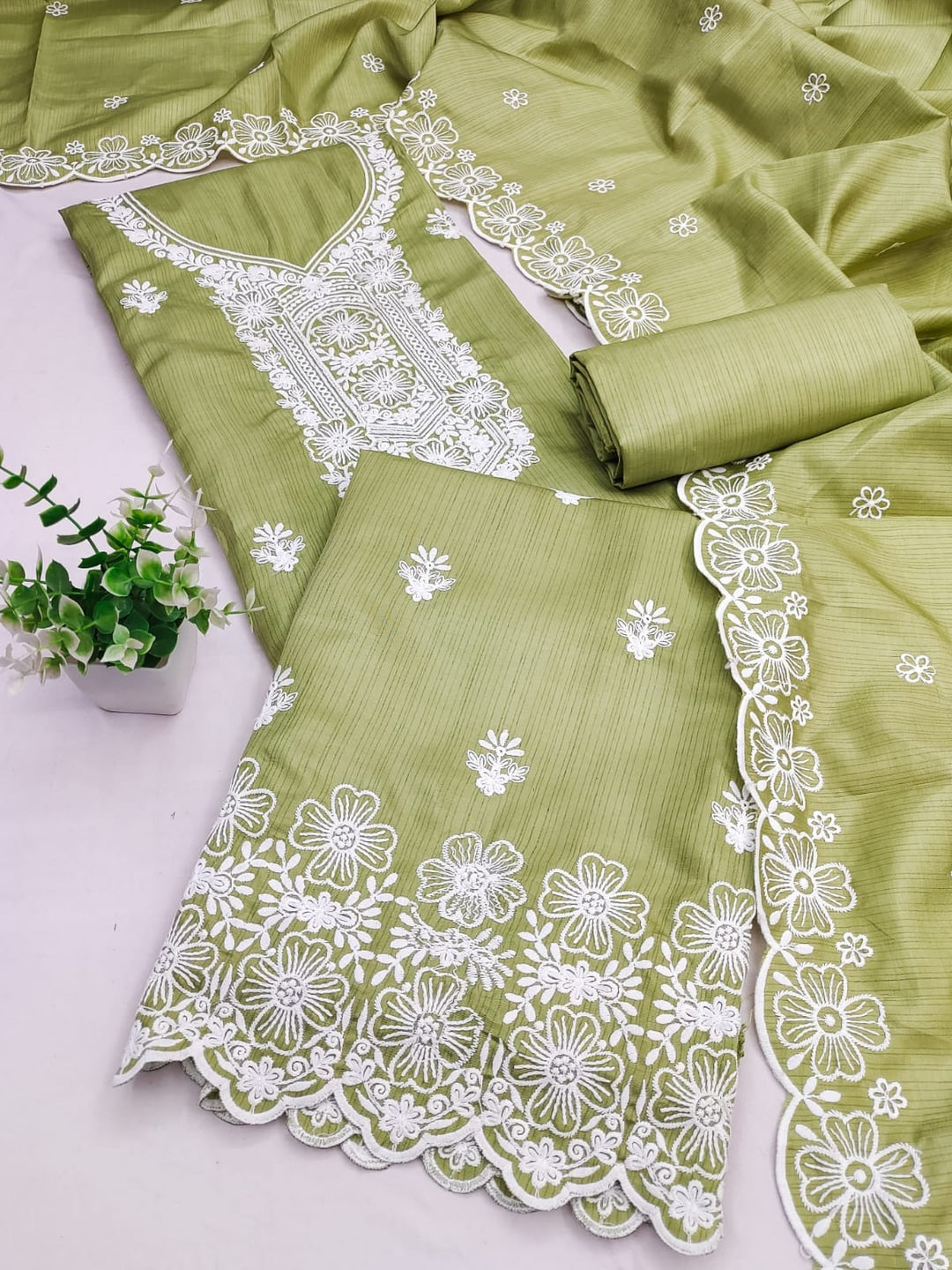 Peachmode Pista Green Chikankari Thread Work Jalpari Silk Dress Material - Image 3