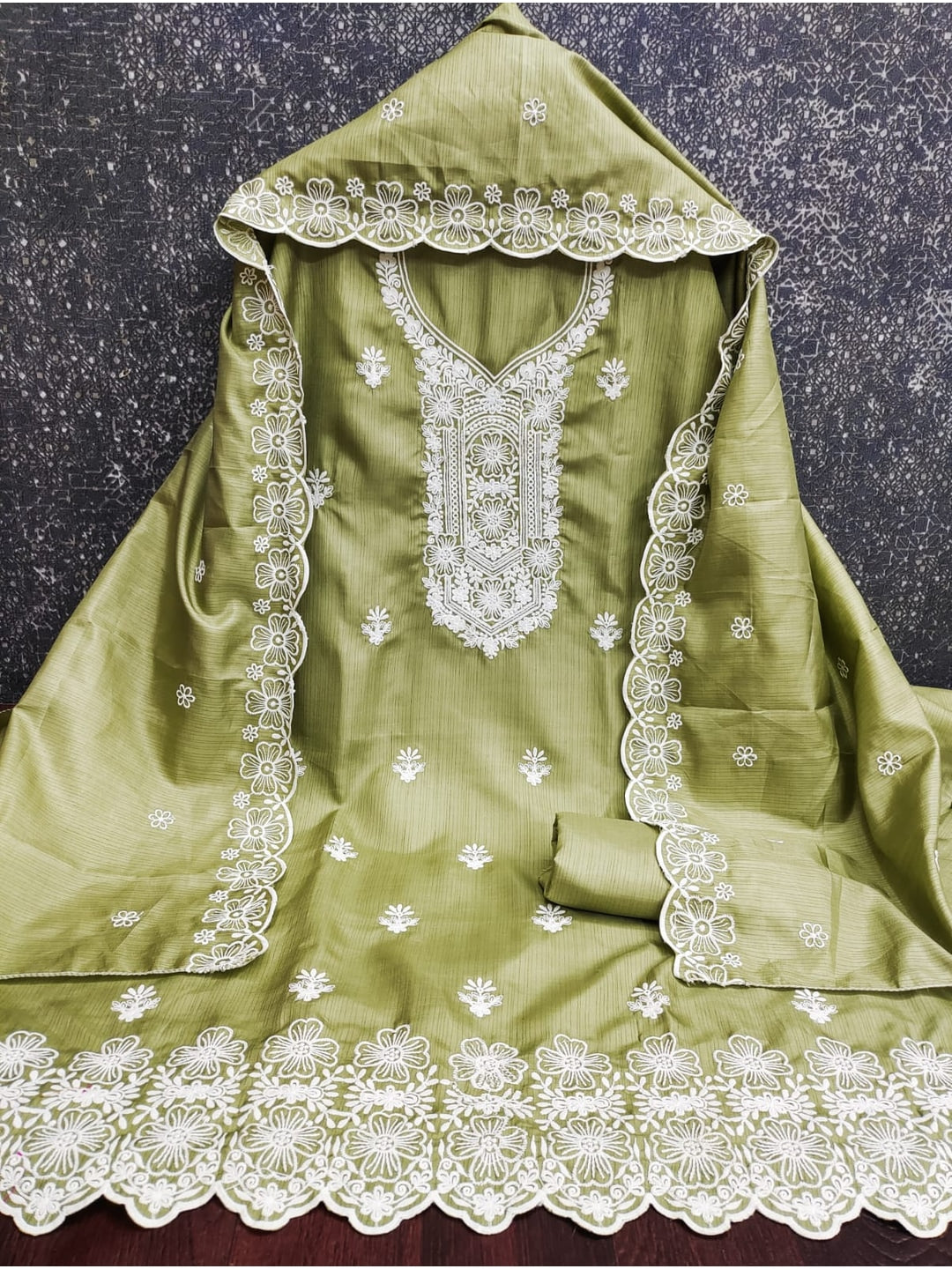 Peachmode Pista Green Chikankari Thread Work Jalpari Silk Dress Material - Image 4