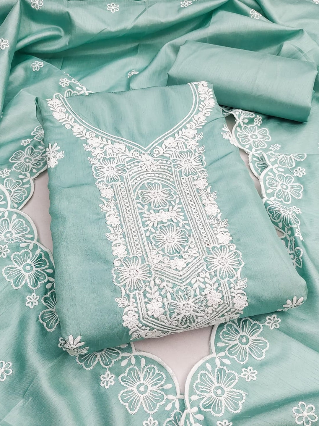 Peachmode Sea Green Chikankari Thread Work Jalpari Silk Dress Material - Image 1