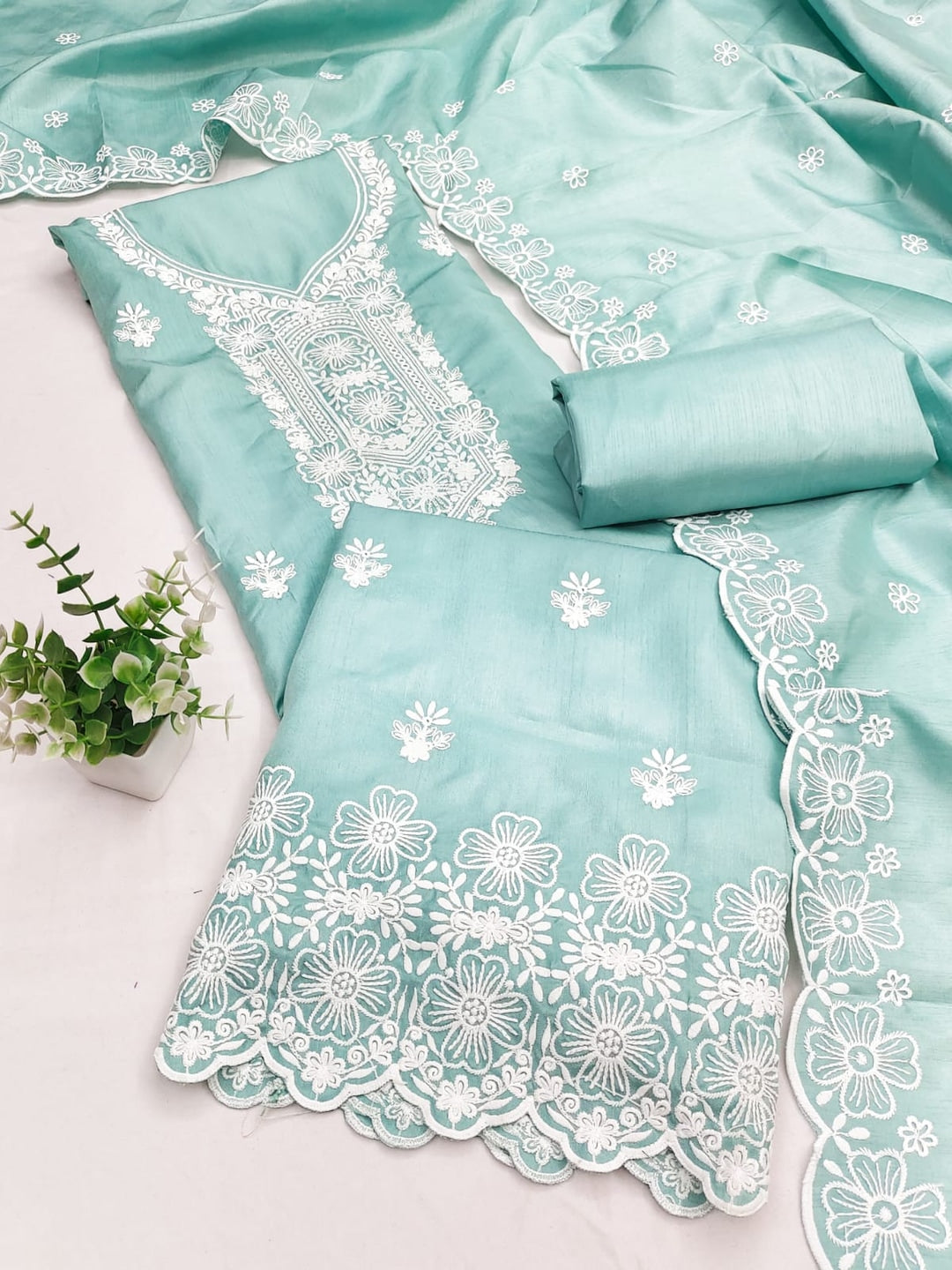 Peachmode Sea Green Chikankari Thread Work Jalpari Silk Dress Material - Image 3