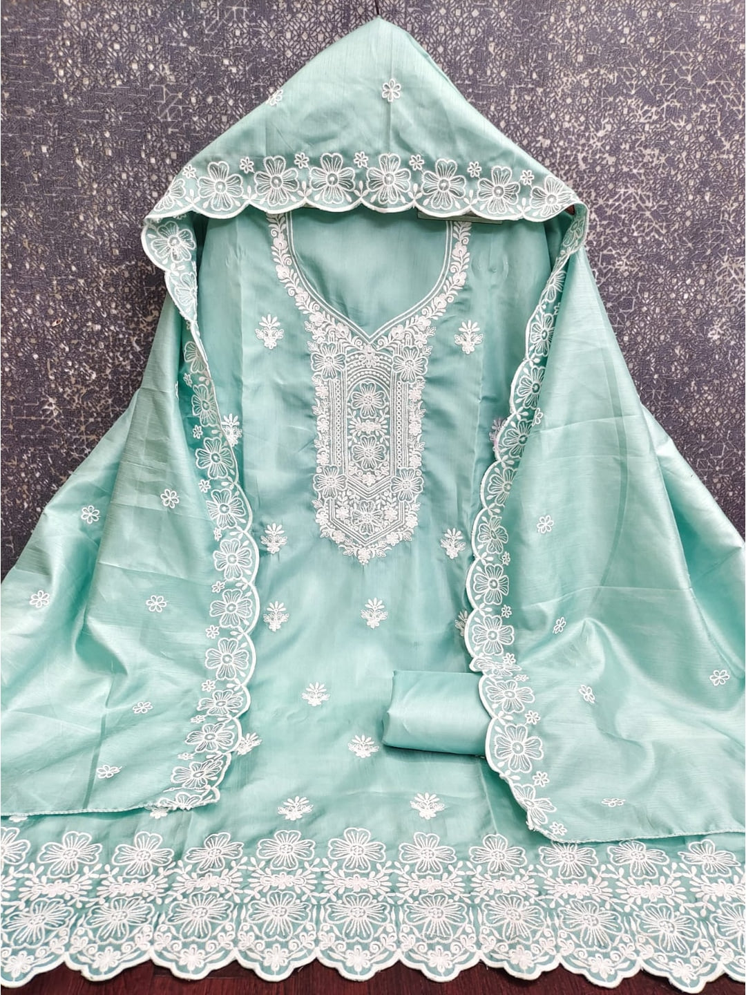 Peachmode Sea Green Chikankari Thread Work Jalpari Silk Dress Material - Image 4