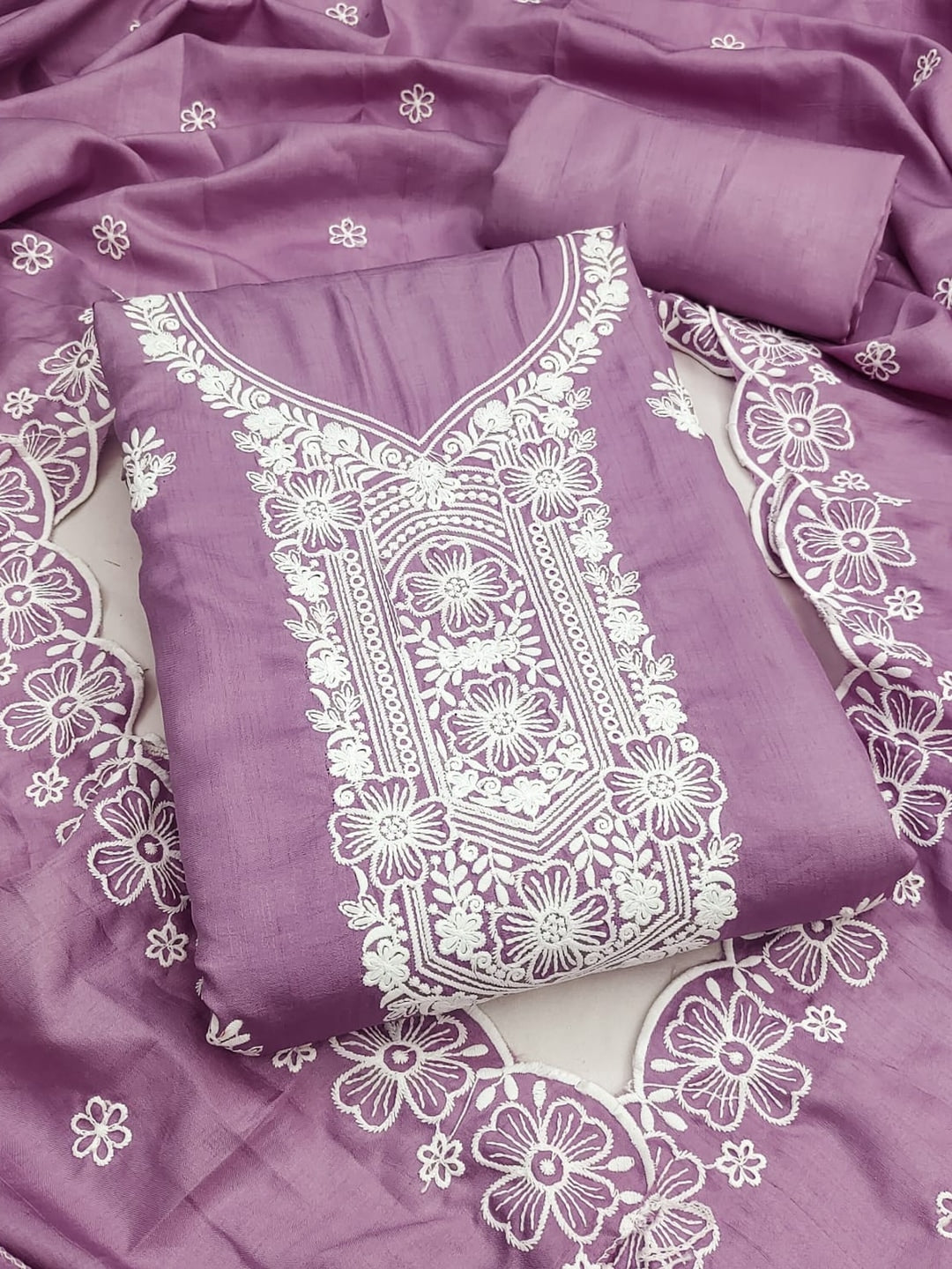 Peachmode Purple Chikankari Thread Work Jalpari Silk Dress Material - Image 1
