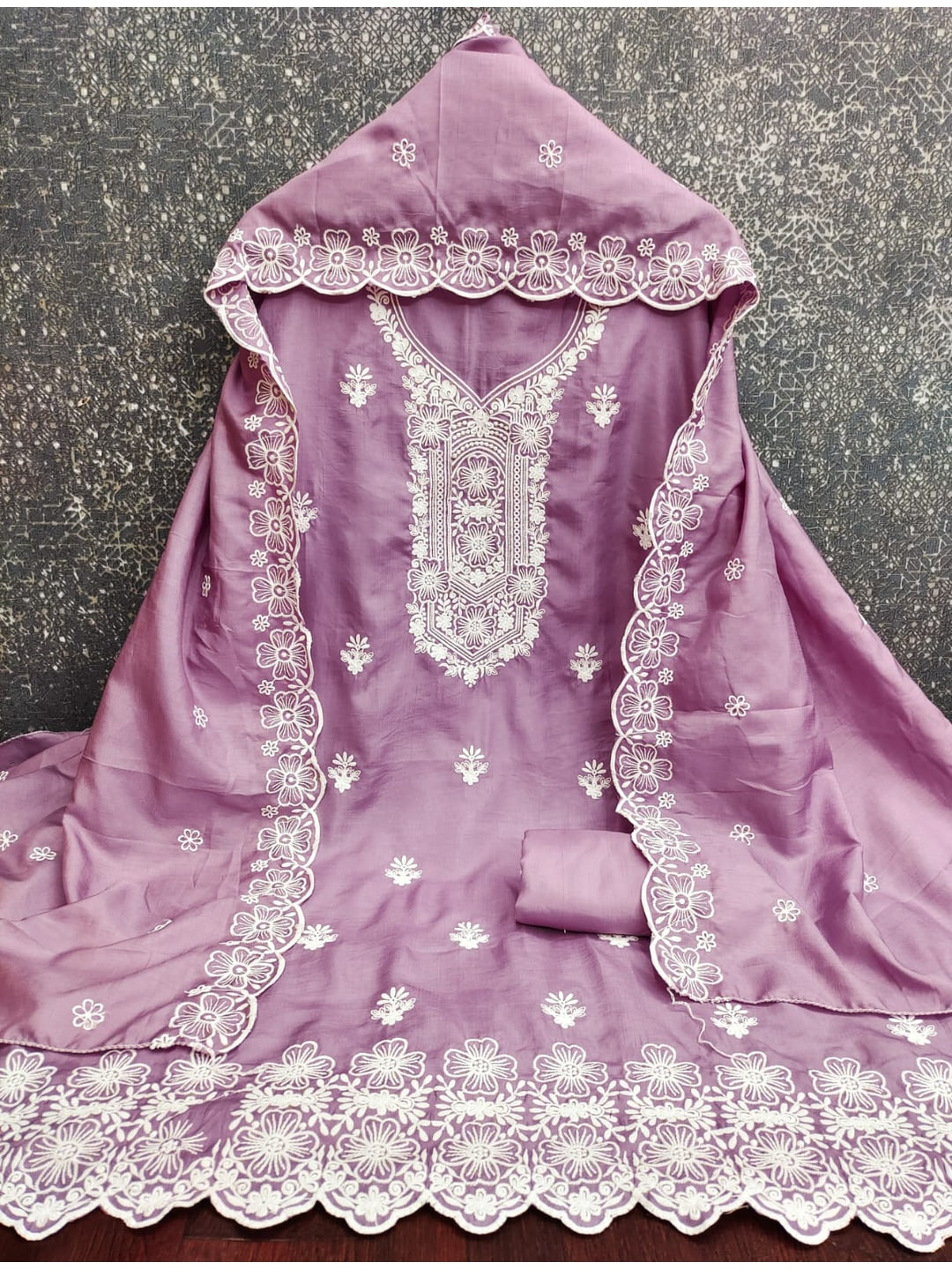 Peachmode Purple Chikankari Thread Work Jalpari Silk Dress Material - Image 4