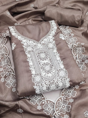 Peachmode Coffee Brown Chikankari Thread Work Jalpari Silk Dress Material - Image 1