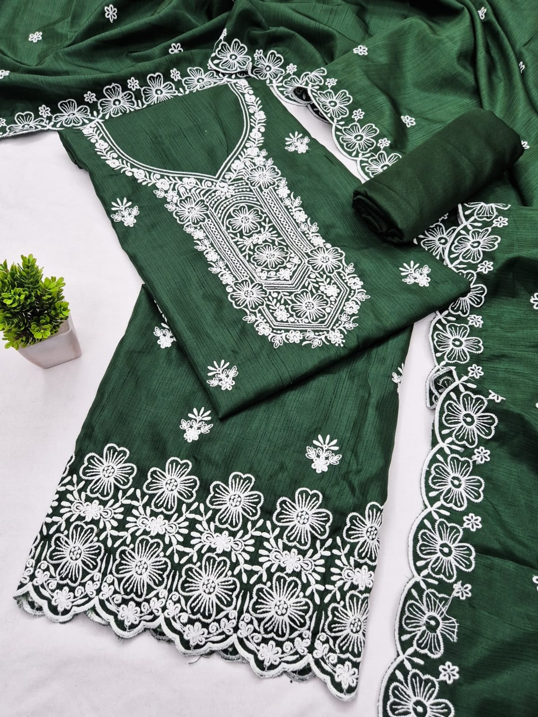 Peachmode Green Chikankari Thread Work Jalpari Silk Dress Material - Image 3