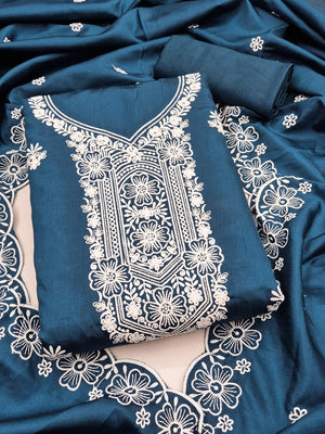 Peachmode Teal Chikankari Thread Work Jalpari Silk Dress Material - Image 1
