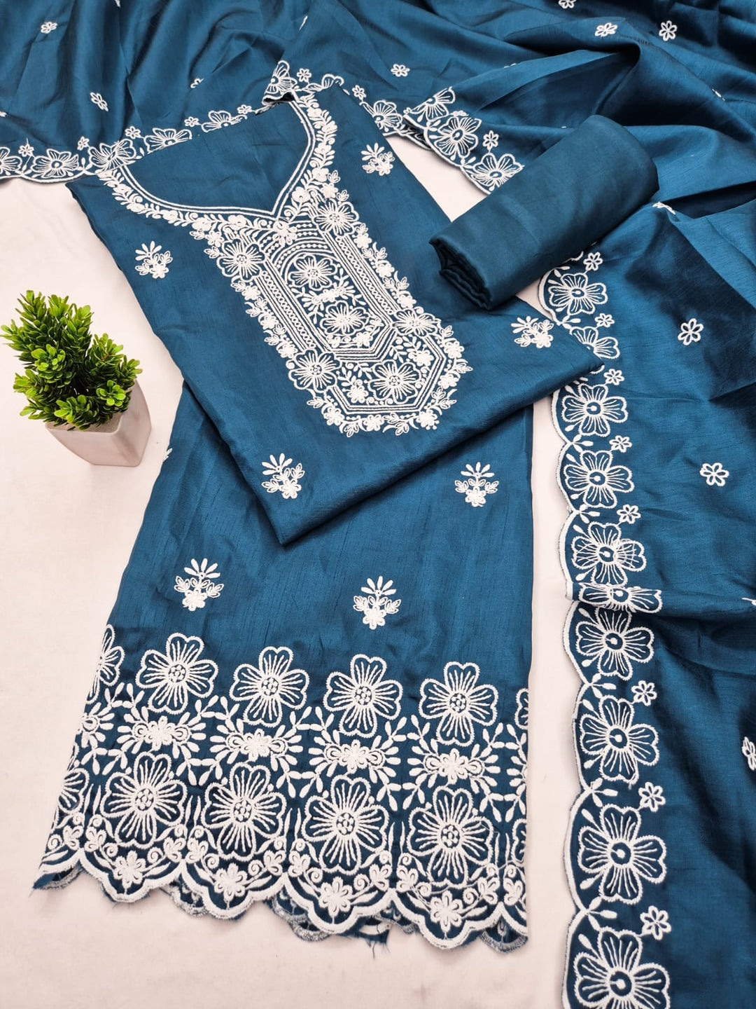 Peachmode Teal Chikankari Thread Work Jalpari Silk Dress Material - Image 3