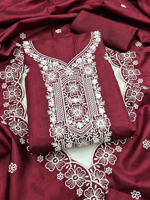 Peachmode Maroon Chikankari Thread Work Jalpari Silk Dress Material - Image 1