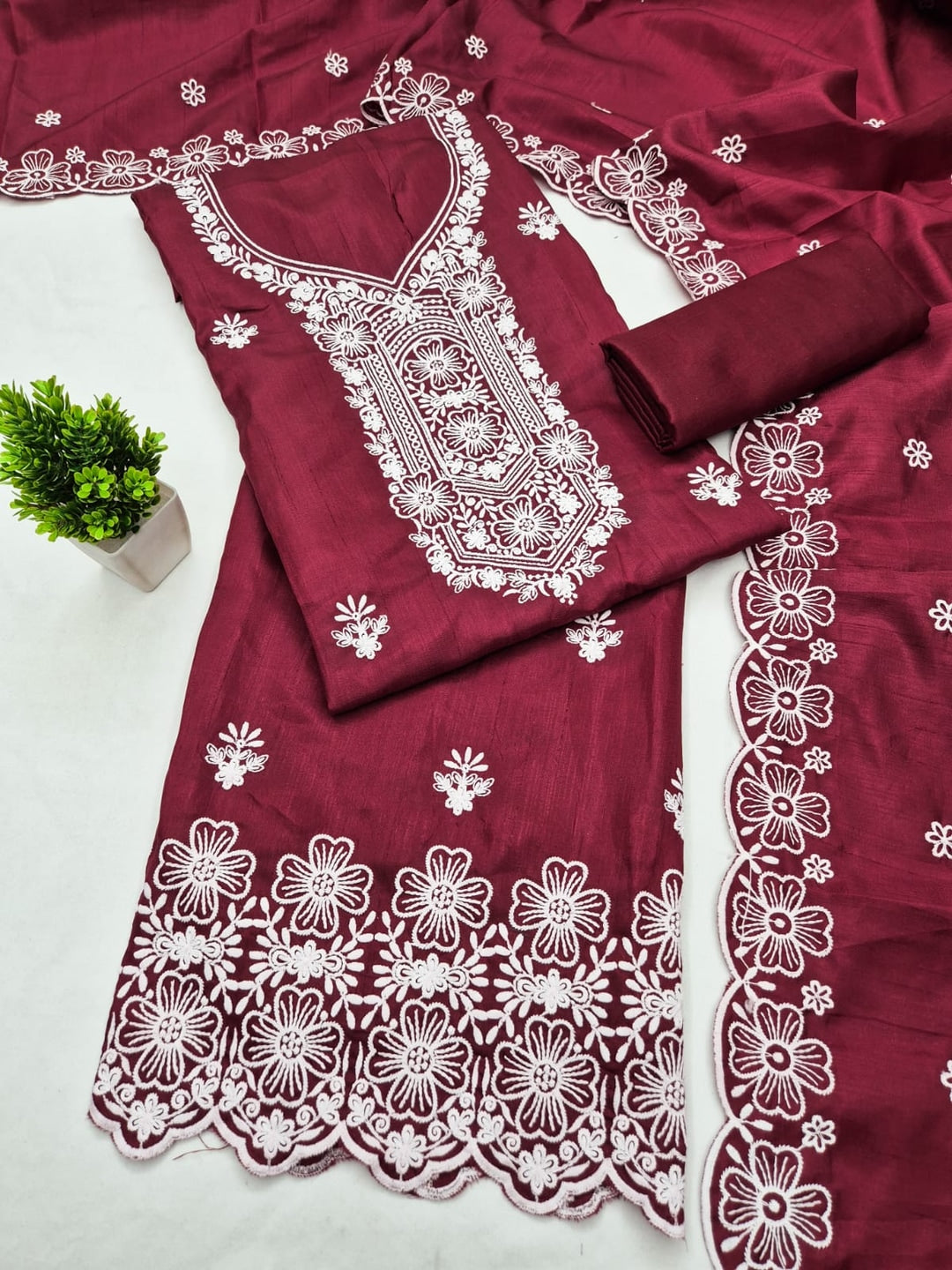Peachmode Maroon Chikankari Thread Work Jalpari Silk Dress Material - Image 3