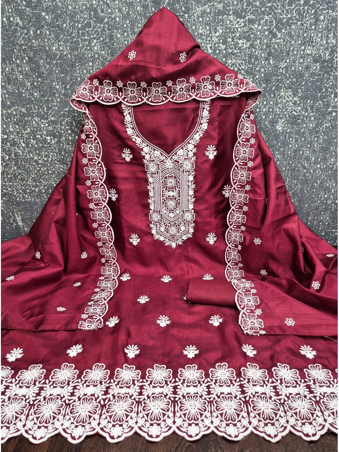 Peachmode Maroon Chikankari Thread Work Jalpari Silk Dress Material - Image 4