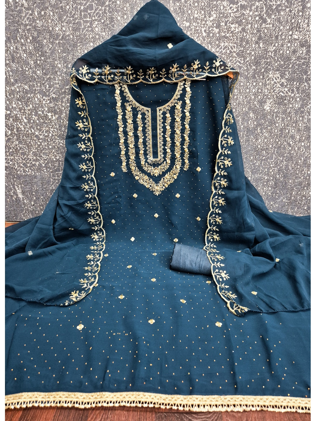 Peachmode Teal Zari Work Georgette Dress Material - Image 4