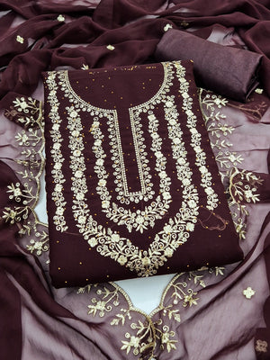 Peachmode Coffee Brown Zari Work Georgette Dress Material - Image 1