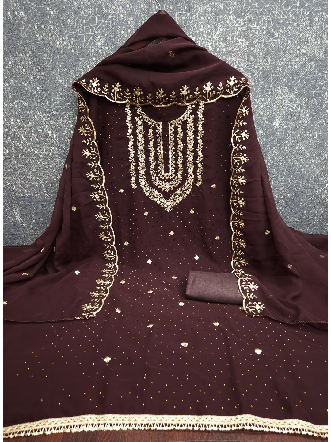 Peachmode Coffee Brown Zari Work Georgette Dress Material - Image 4