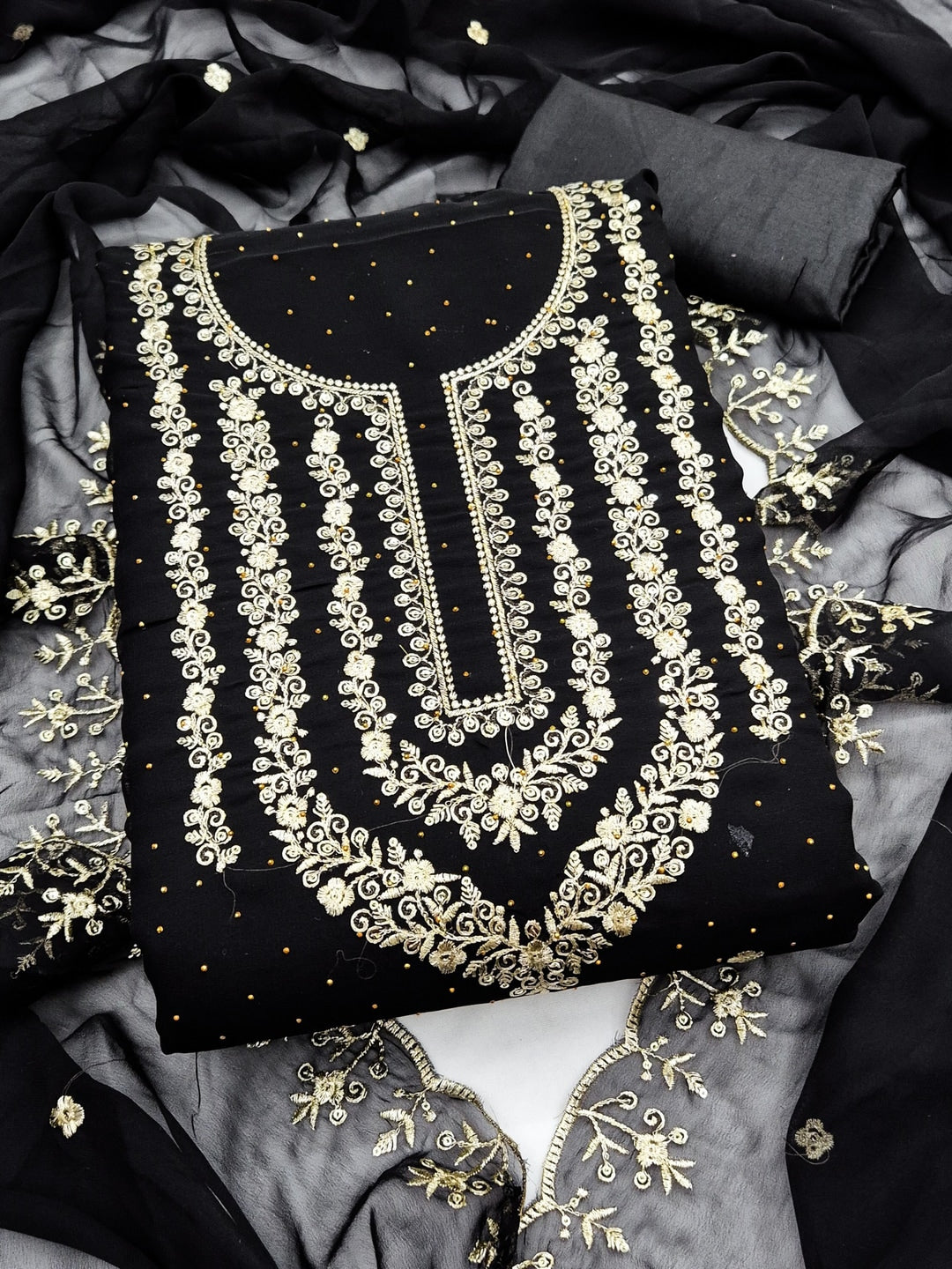 Peachmode Black Zari Work Georgette Dress Material - Image 1