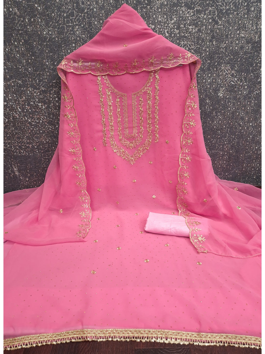 Peachmode Pink Zari Work Georgette Dress Material - Image 4