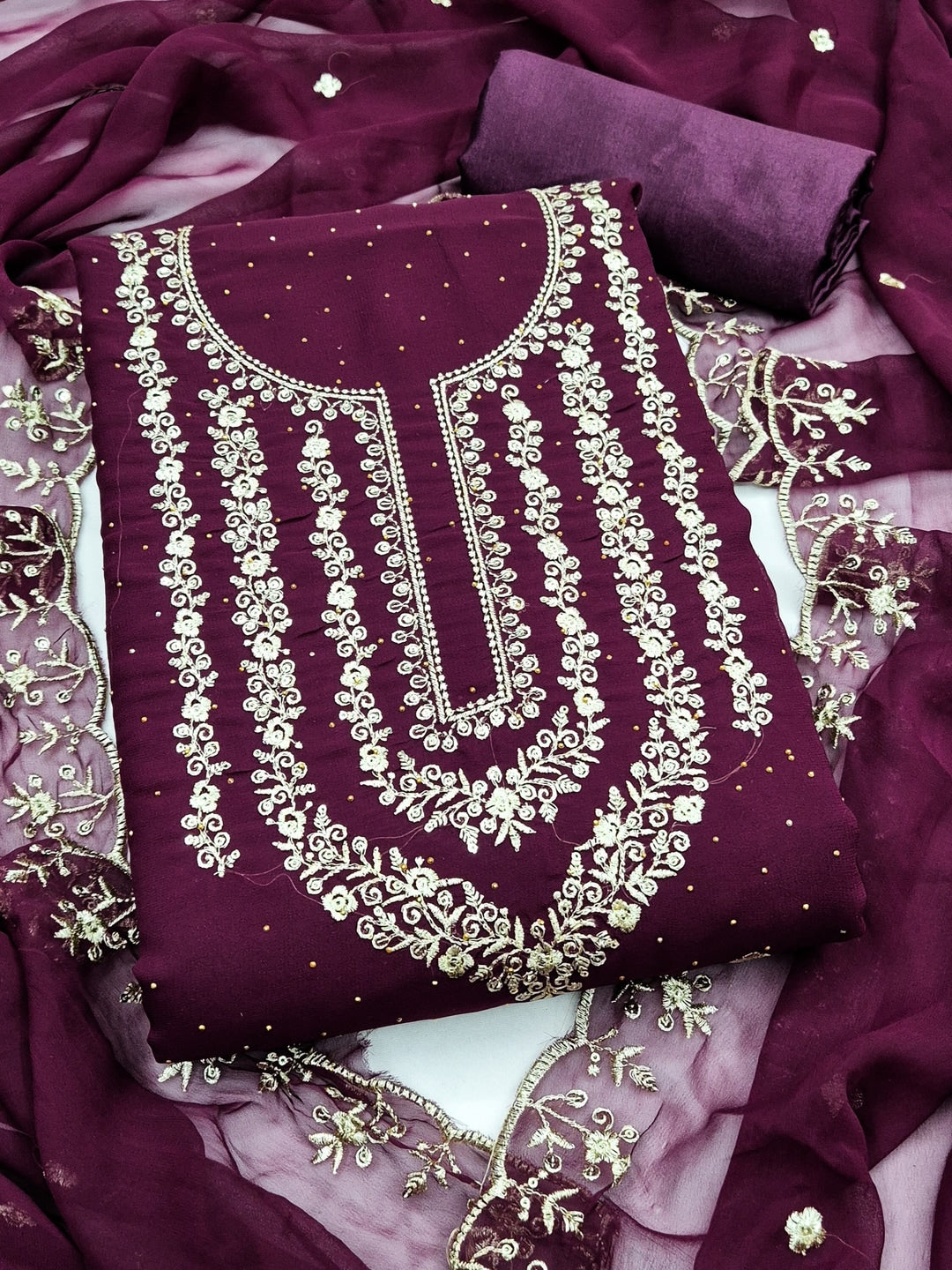 Peachmode Wine Zari Work Georgette Dress Material - Image 1