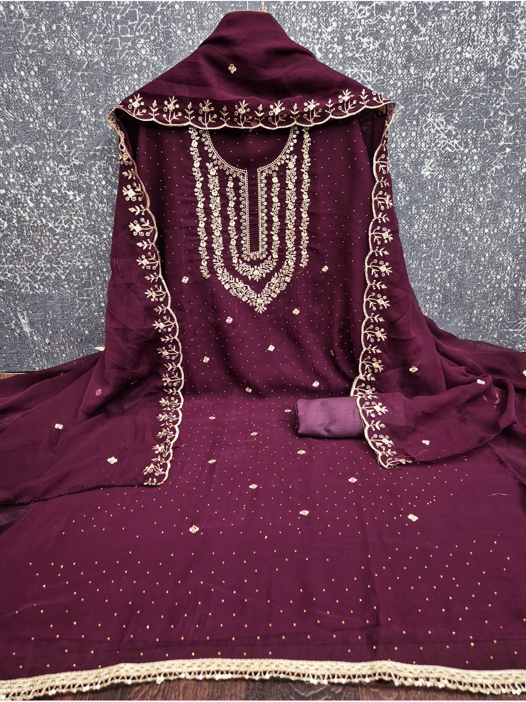 Peachmode Wine Zari Work Georgette Dress Material - Image 3