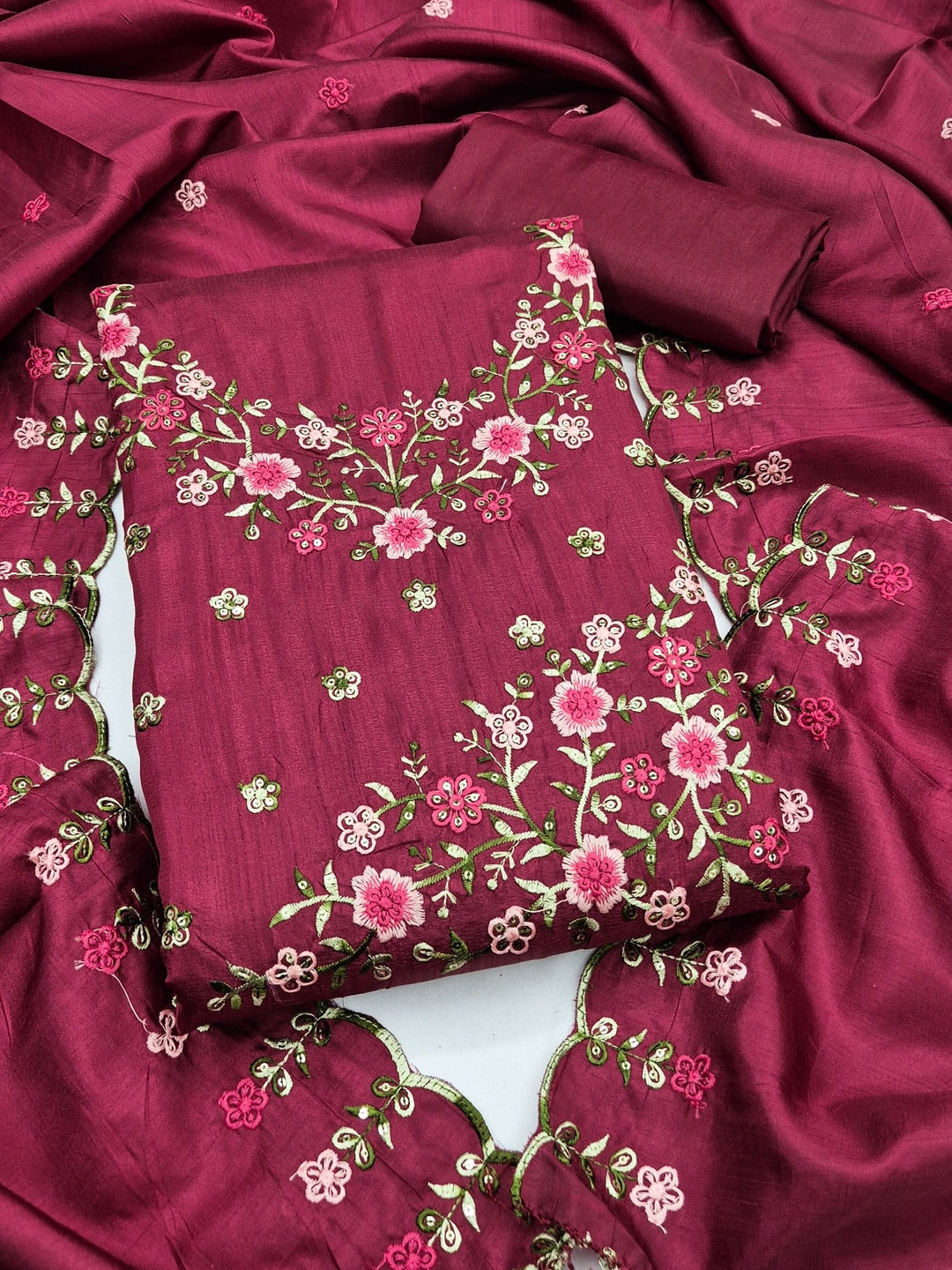 Peachmode Maroon Multi Thread Floral Embroidered Jalpari Silk Dress Material - Image 1