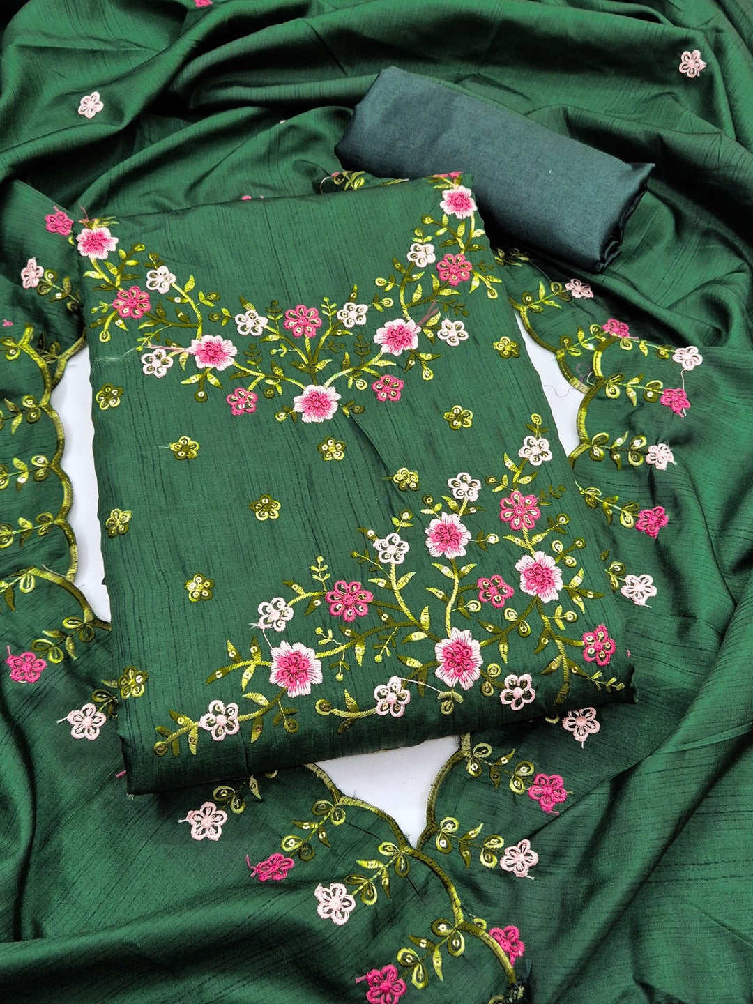 Peachmode Green Multi Thread Floral Embroidered Jalpari Silk Dress Material - Image 1